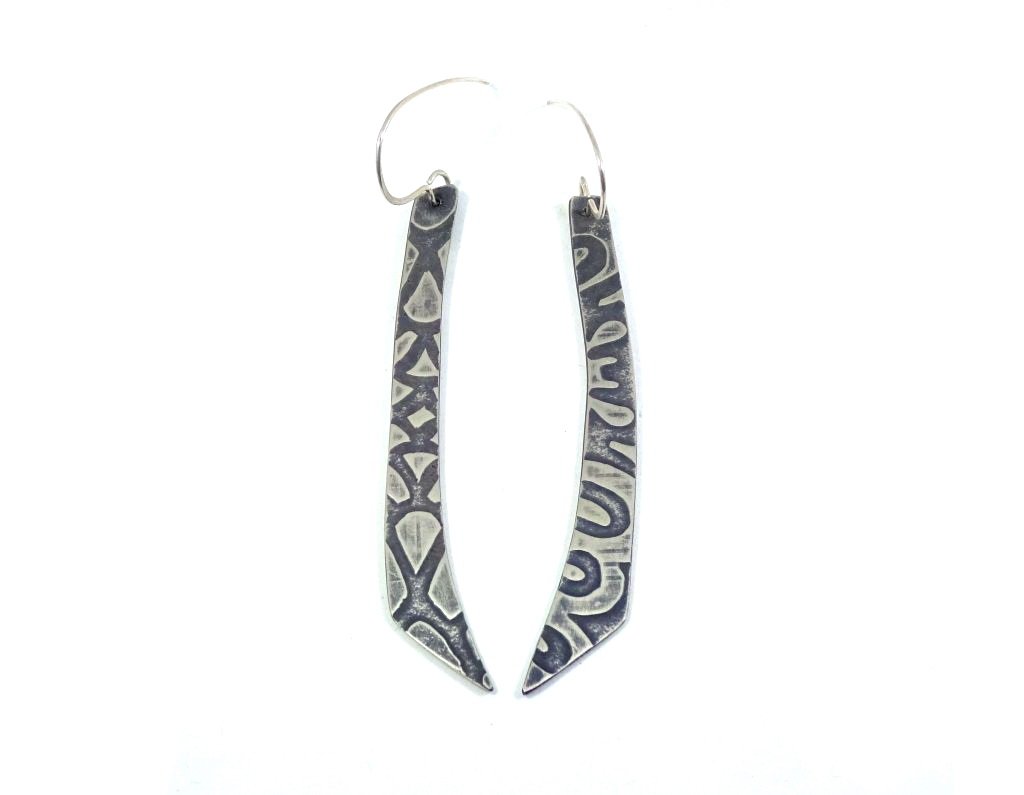 silver earrings "loop dee lou" textured surface with patina finish. Made by wicked imp designs