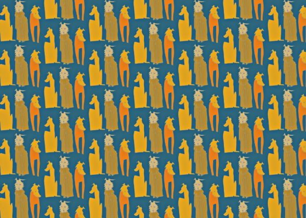 wicked imp studio limited edition cotton fabric "hanging around hounds" 3 drawn sitting dogs done in yellows and orange with a blue background. Metre length shown 140cm wide by 100cm long