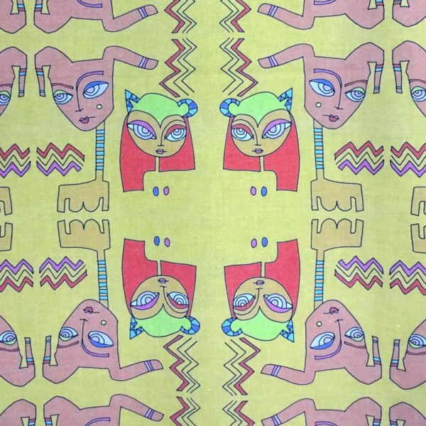 wicked imp studio limited edition cotton fabric "gathering" 2 whimsical heads with busts. Brightly coloured done in a mirror repeat