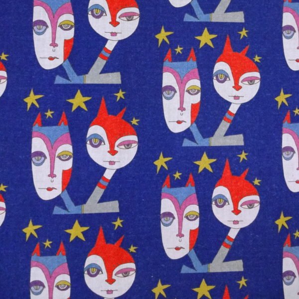 wicked imp studio limited edition cotton fabric "twilight" double headed cat creatures with stars around head. Close up detail of fabric showing design of double headed cat create with stars around their heads