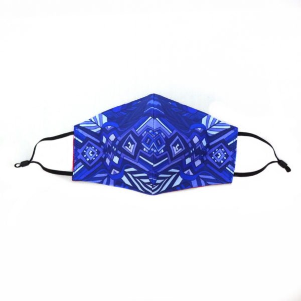 wicked imp designs fitted mask abstract pattern in blues shown fully open